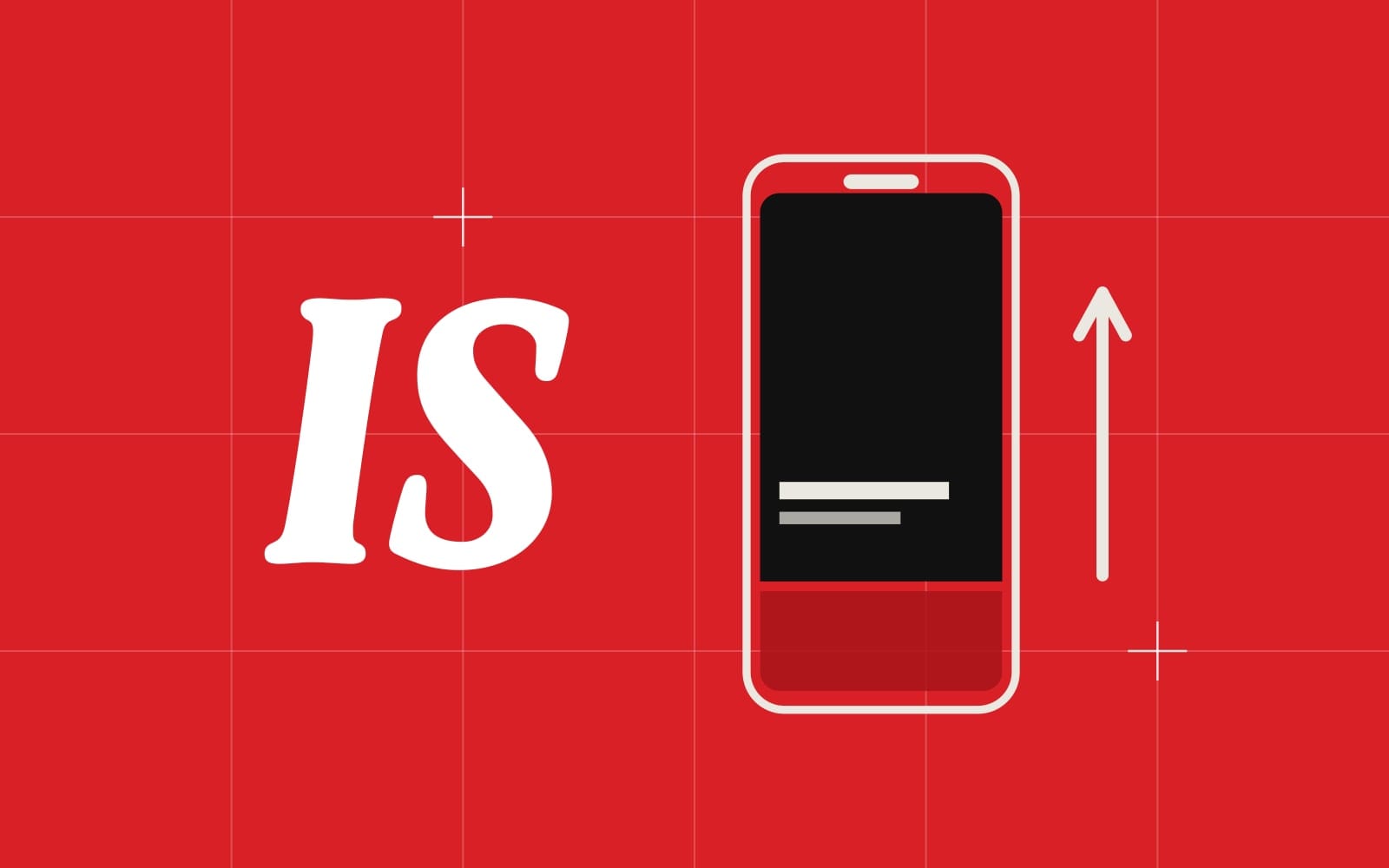 The IS mark next to a phone with a vertical video feed and an arrow pointing up, on Ilta-Sanomat red