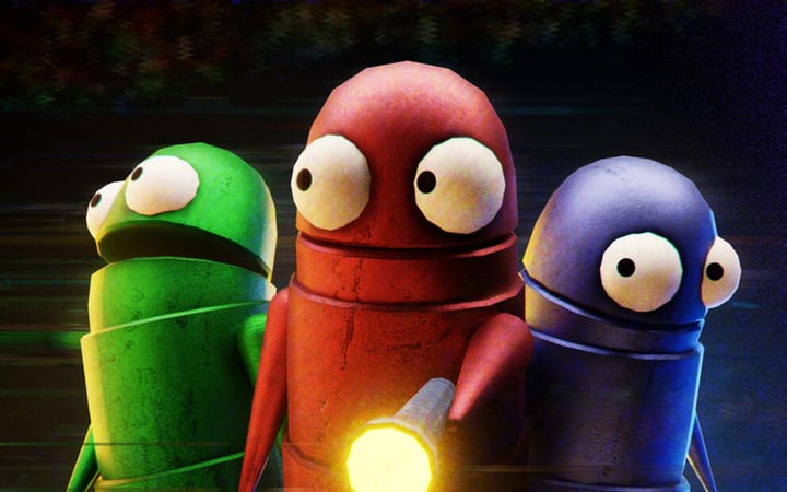 R.E.P.O. key art: three robots with a flashlight