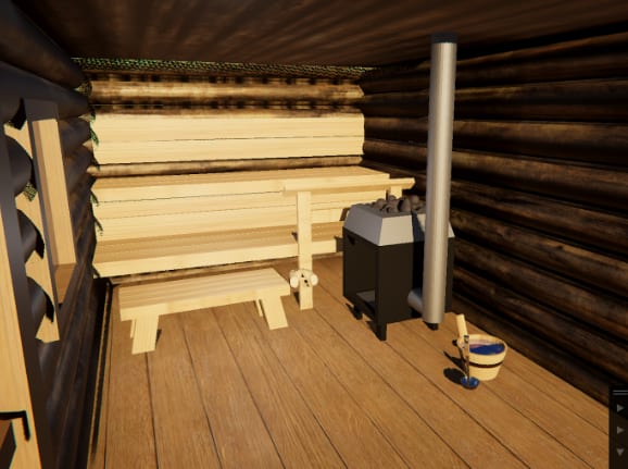 Interior render of the virtual sauna with benches and stove
