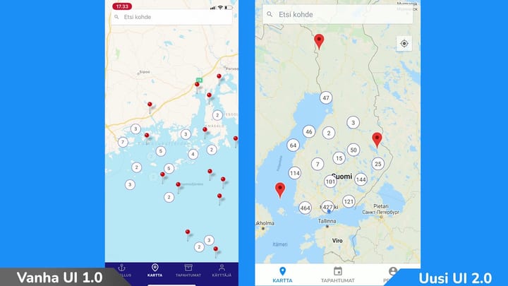 Sukeltaja-App old UI 1.0 next to new UI 2.0