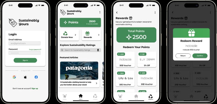 Sustainably Yours app screens