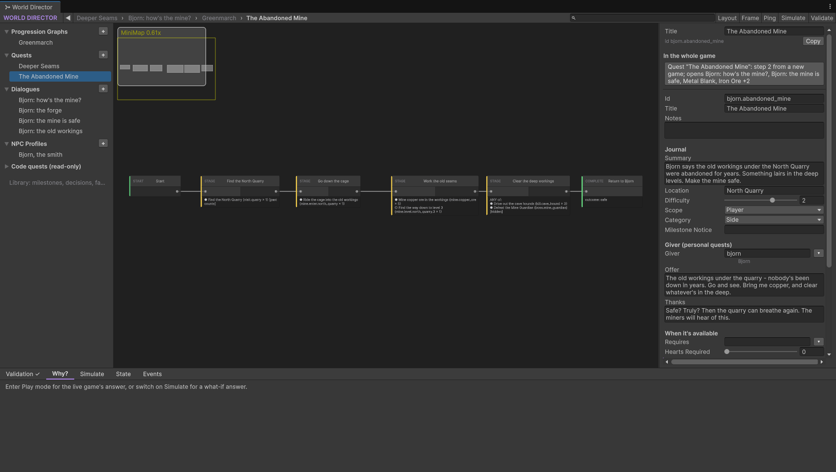 World Director: a quest graph with stages from start to completion, and the quest inspector