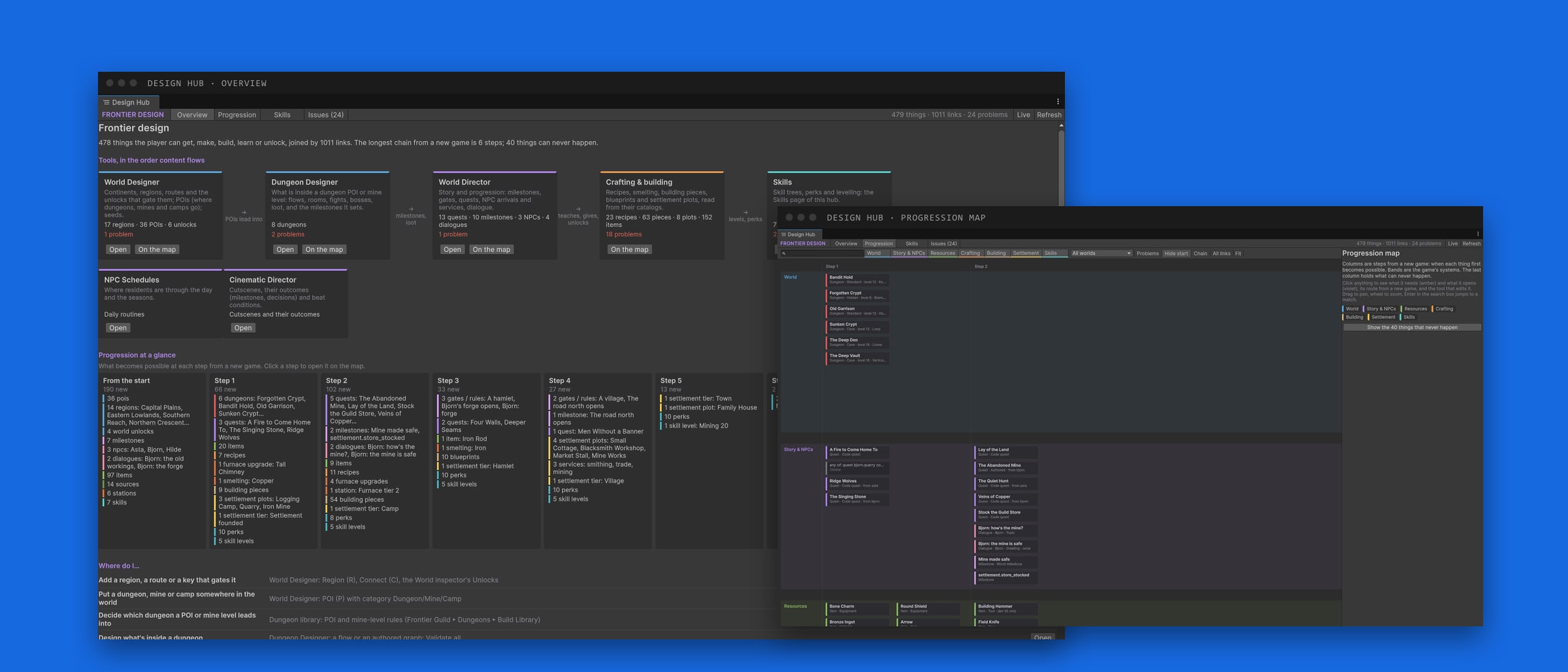 Two Game Designer Hub windows: the overview and the progression map