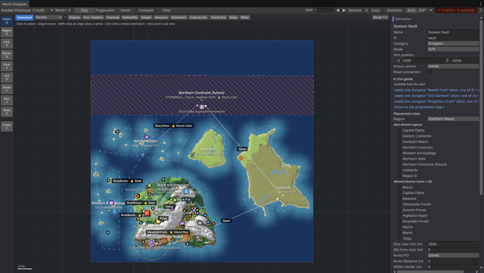 World Designer: a generated world map with regions, routes and POIs, and the inspector for a dungeon POI