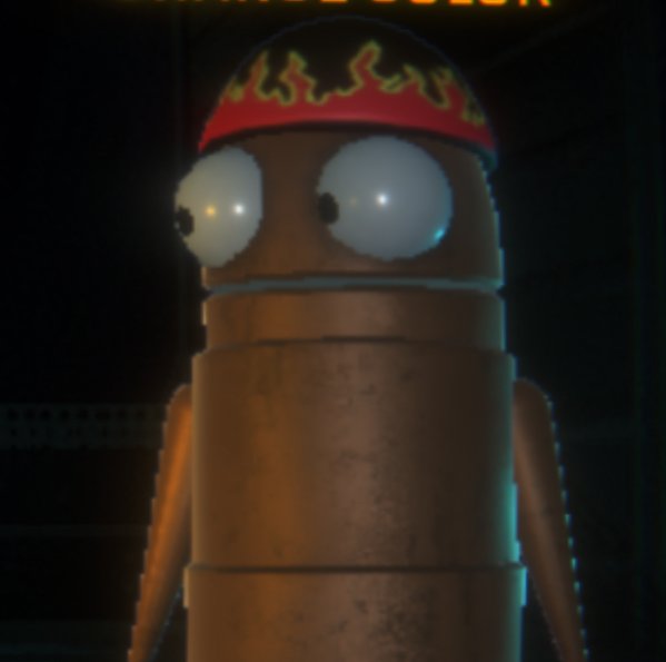 Robot wearing a red beanie with flames